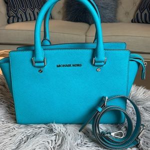 MK Selma Med Tile Blue Saffiano Leather Satchel